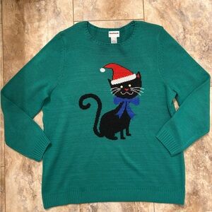 BonWorth Women’s Green Knit Black Cat With Santa Hat Ugly Christmas Sweater XL